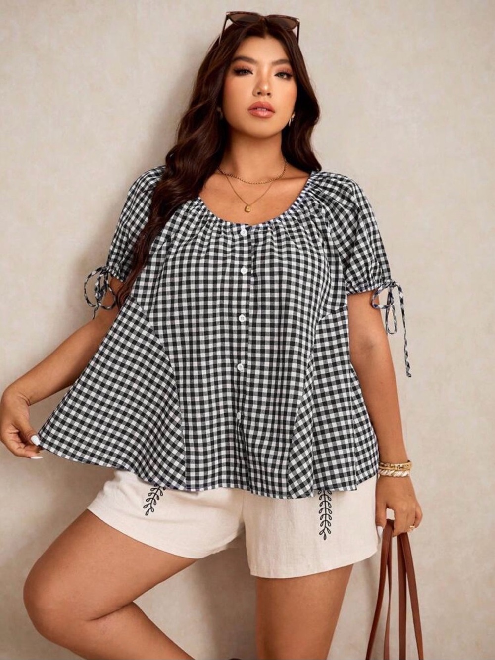 SHEIN Black & White Gingham Button-Front Women’s Top